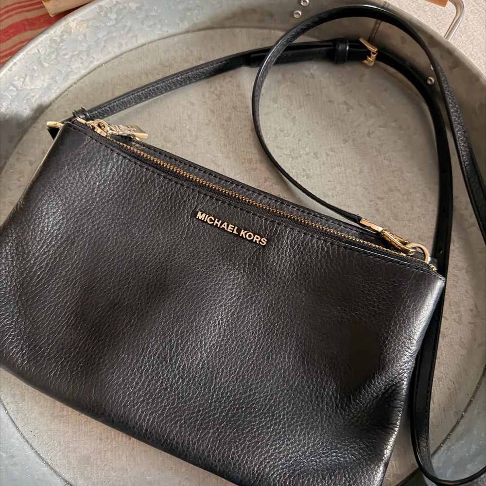 Michael Kors Adele Double Zipper Black Pebble Leather Crossbody.